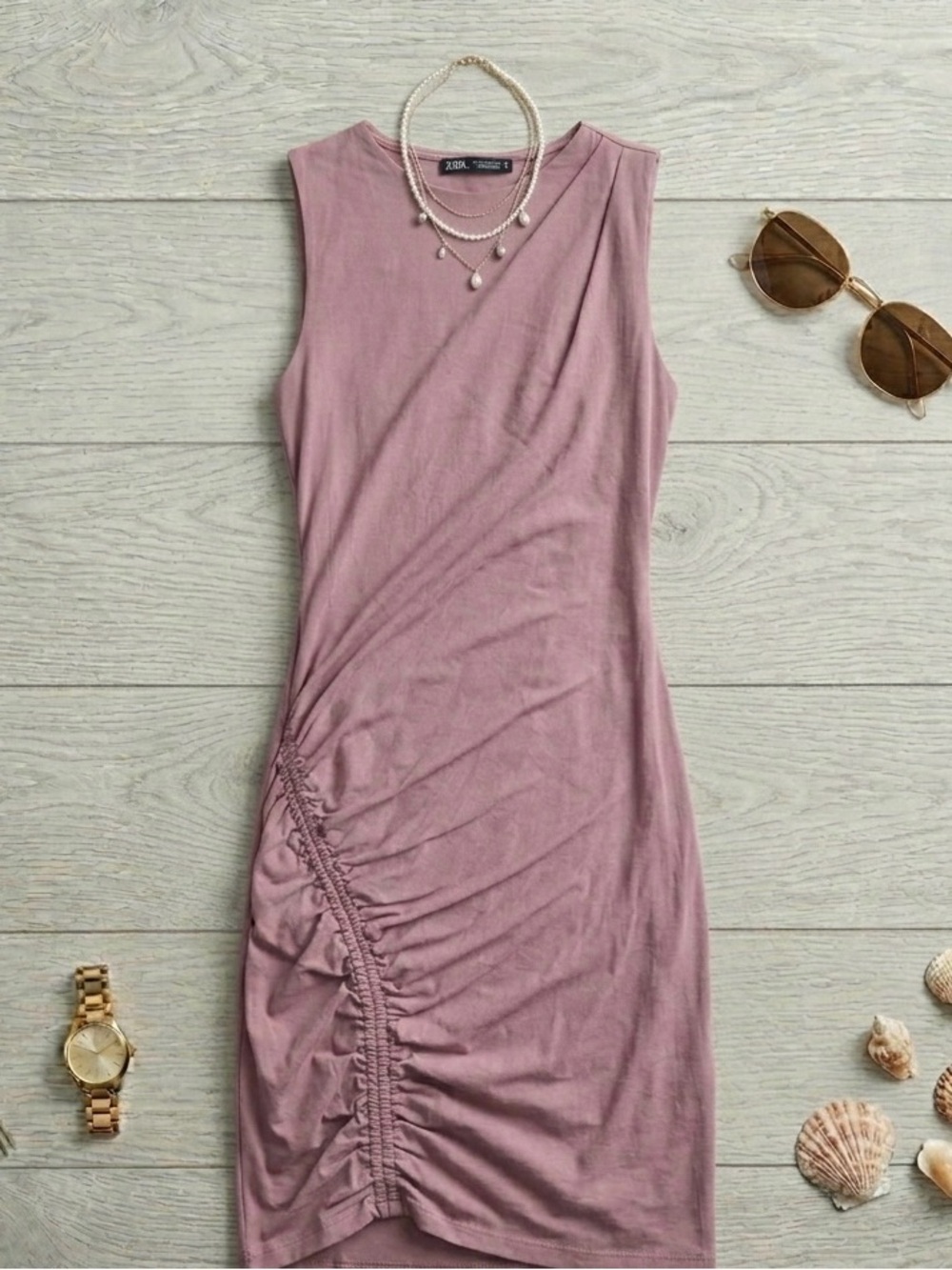 Zara Mauve Ruched Bodycon Midi Dress - Open Back | Small